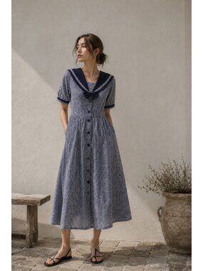 Vintage Cottontail Originals Women Sailor Dress Size 6 Navy Gingham Linen Cotton